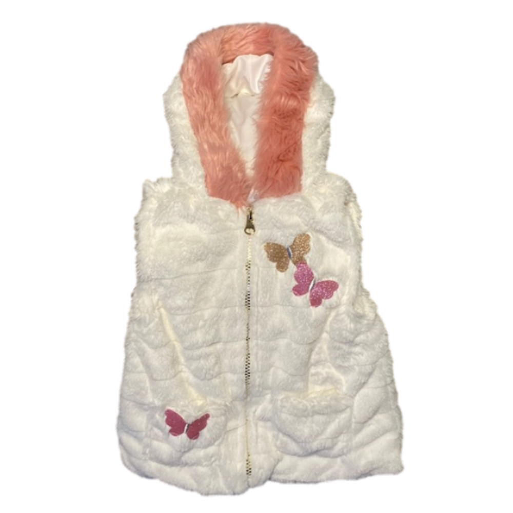 Little Lass Hooded Vest Zip Front Faux Fur White Pink 24M